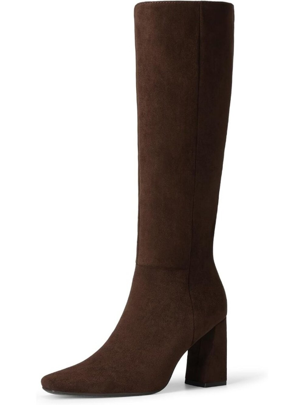 Women's Brown Faux Suede Square Toe Block Heel Side Zipper Knee High Boots